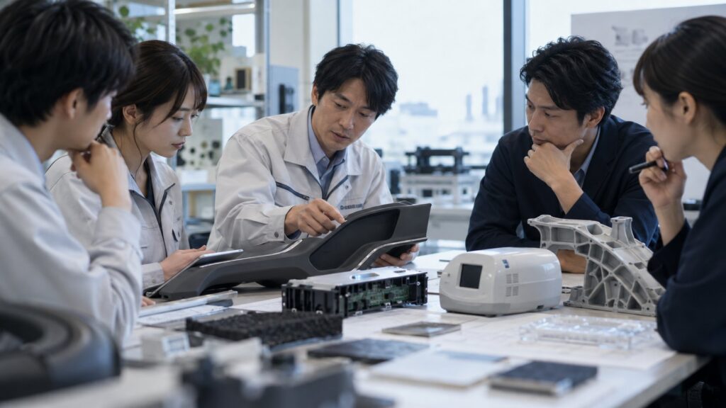 異業界の部品を囲み用途を検討する技術者