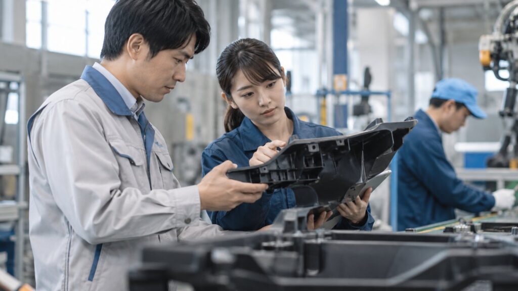 量産工場で新材料部品を確認する技術者