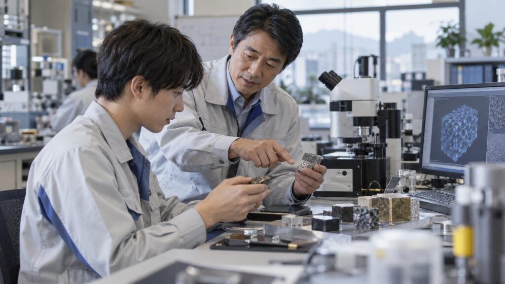 材料試料を使い若手を指導する研究者
