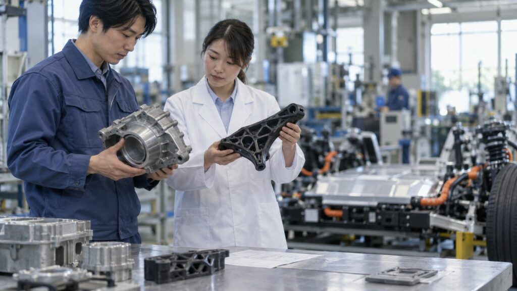 技術者が金属部品と軽量構造部品を比較する工場
