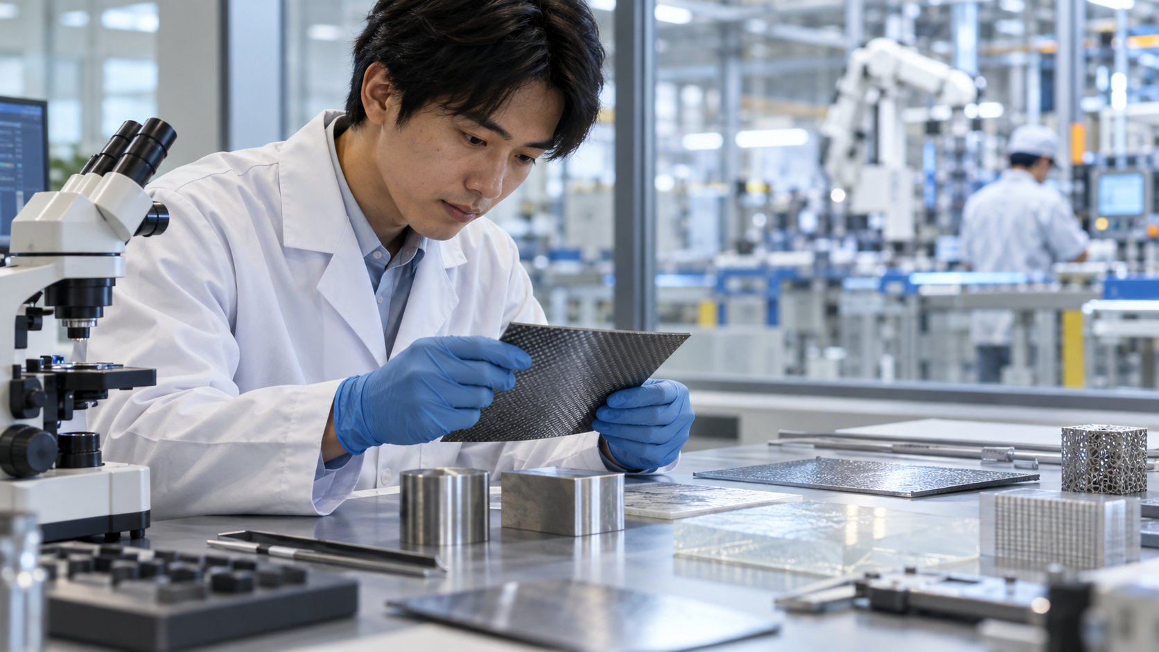 研究者が複合材や金属試料を検査する材料開発ラボ
