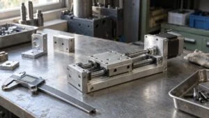 作業台に置かれたアルミ製の直動ユニット試作品とノギス