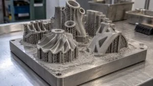 金属粉末が残る造形直後のビルドプレートと金属部品