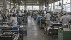作業台が並ぶ部品工場で組立作業をする従業員たち