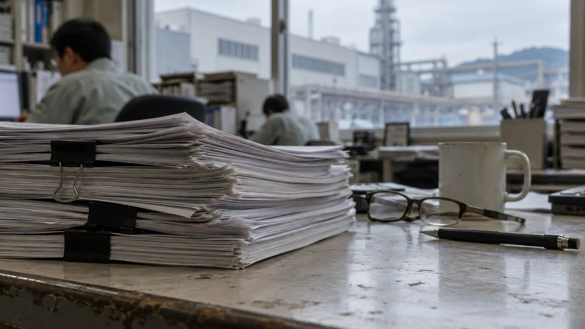 工場事務所の机に積まれた報告書の束と眼鏡