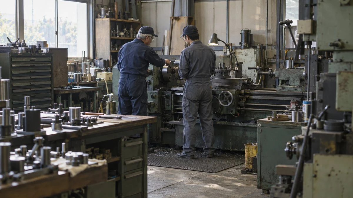 旋盤の前でベテラン技能者が若手に指導する町工場の様子