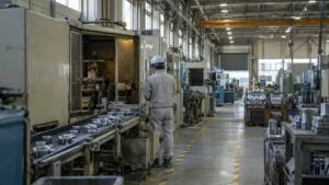 コンベヤ脇で機械のカバーを確認する作業者の後ろ姿