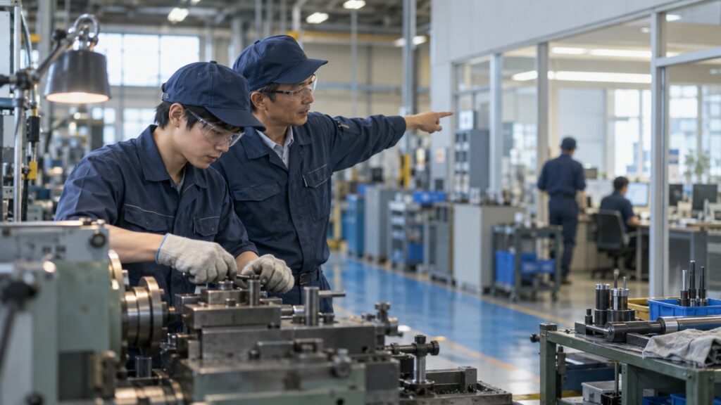 若手作業者に機械操作を指導する先輩社員
