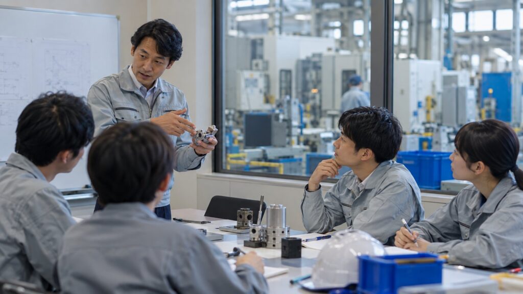 工場内の研修で技術を学び意見交換する社員たち