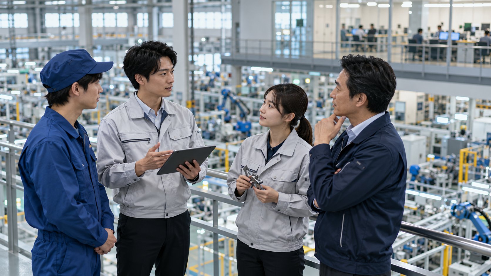 工場を背景にキャリアを語り合う製造業の社員たち