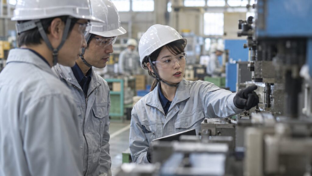 女性技術者が男性社員と設備を点検する様子