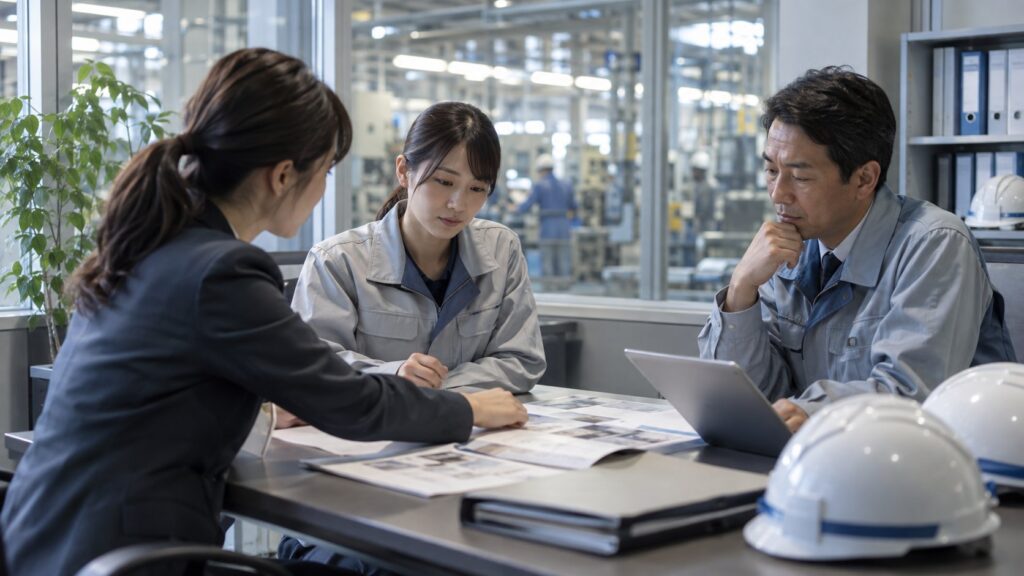 工場併設オフィスで人事制度を話し合う社員