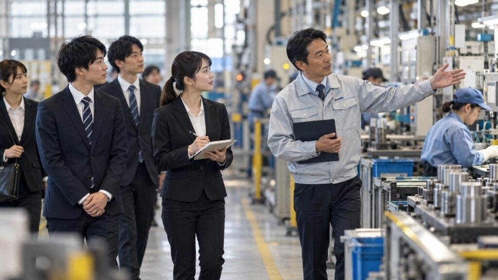 製造現場を見学する求職者と案内する工場担当者