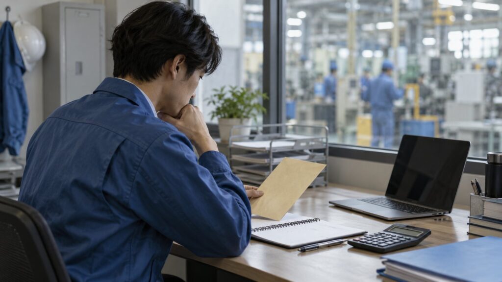 工場勤務者が給与資料と電卓を確認するデスク
