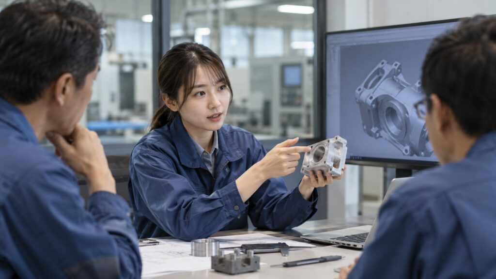 技術者が機械部品を示しながら能力を説明する場面
