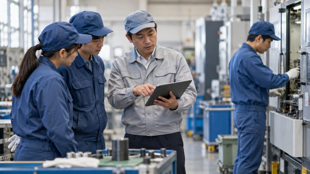 工場で上司が若手社員に作業改善を指導する様子