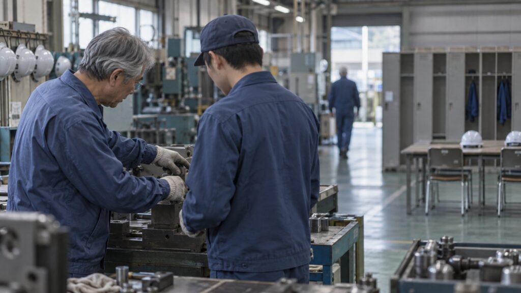 熟練工が若手作業員へ加工技術を教える工場
