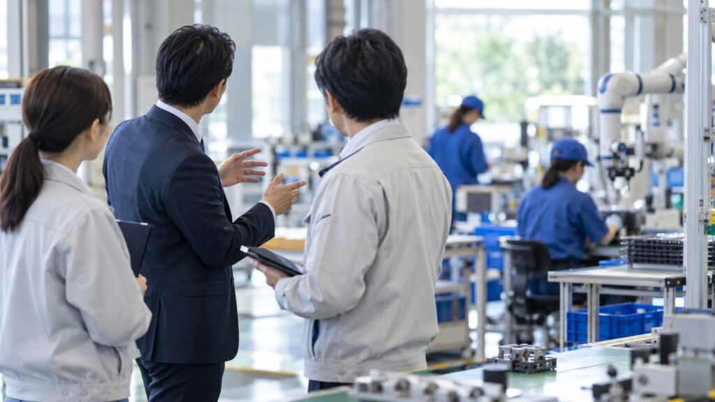 自動化設備を前に現場改善を話し合う担当者