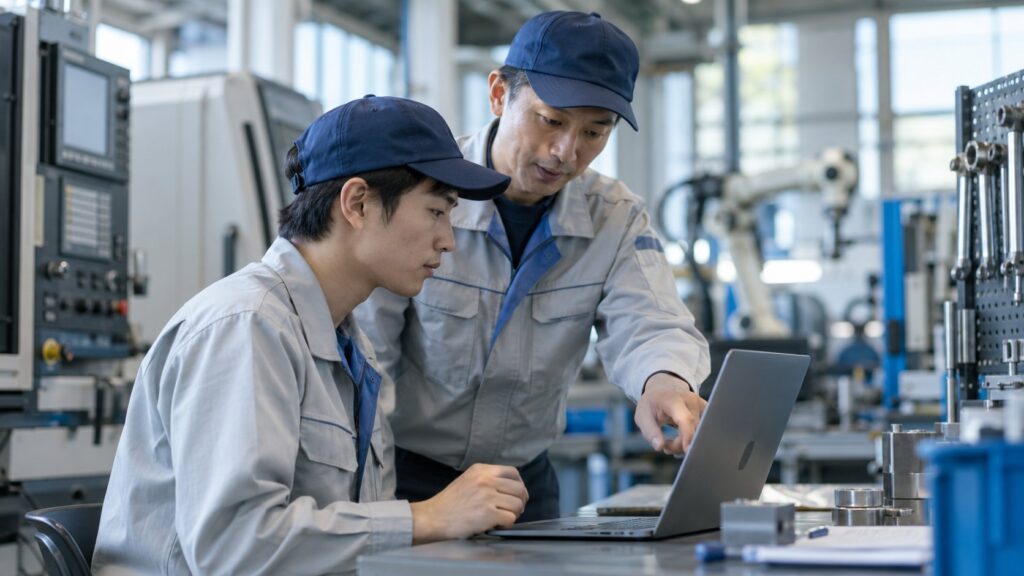 先輩社員からPC操作を学ぶ若手作業員
