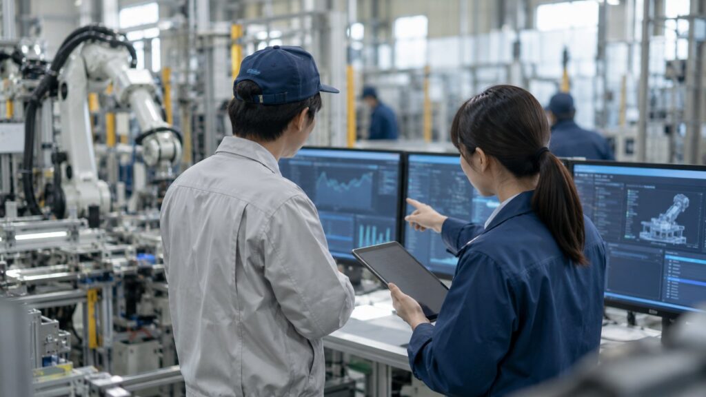 工場データを分析するDX担当者と技術者