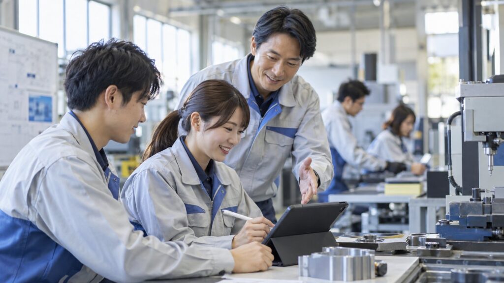 現場で学び合う社員と指導する先輩技術者