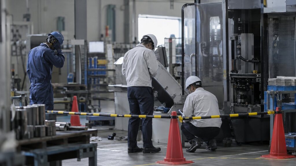 事故発生後の製造設備を調査する安全担当者