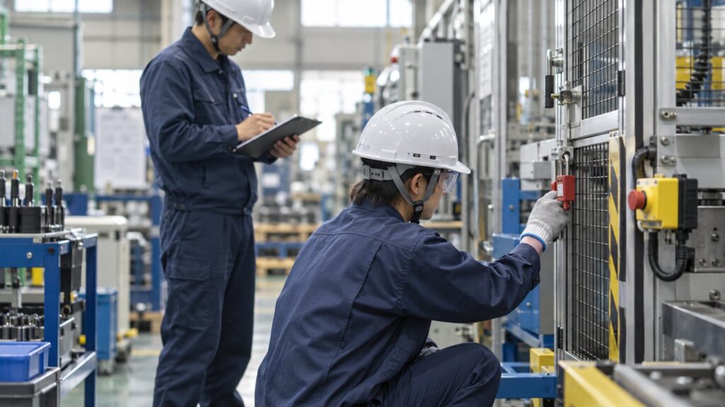 機械の安全装置を点検する作業員と管理者
