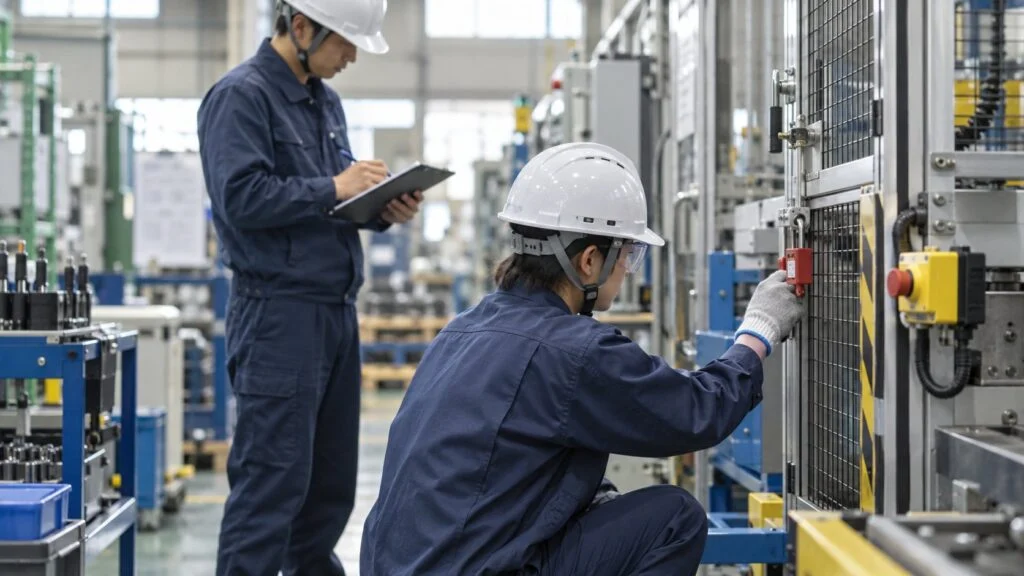 機械の安全装置を点検する作業員と管理者