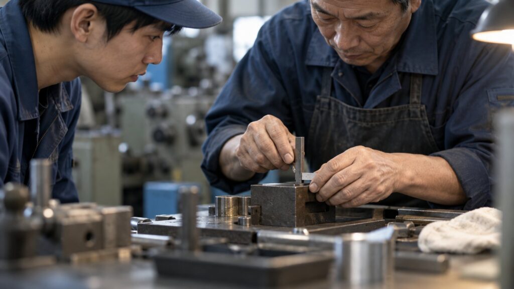 熟練職人の精密作業を若手が間近で学ぶ様子