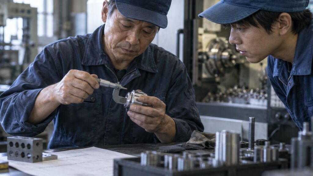 金属部品を測定しながら技能を伝える熟練工