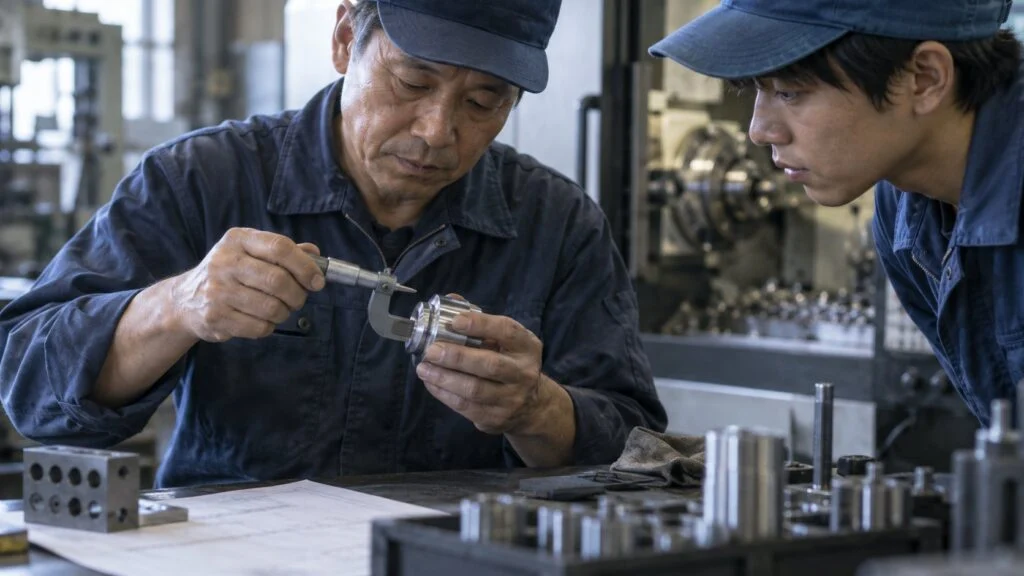 A veteran technician measuring a metal part while explaining to a younger worker