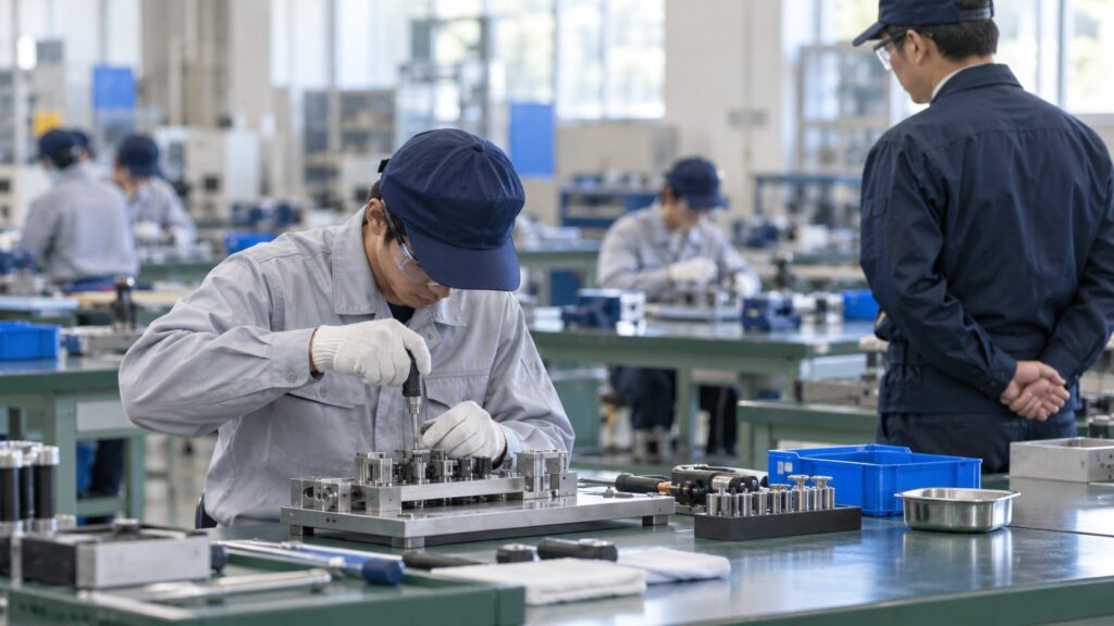 技能検定の実技課題に取り組む作業者と監督者