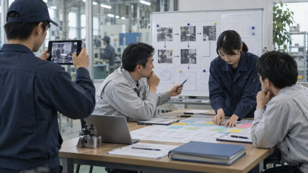 A team filming a work procedure and reviewing it to standardize skills