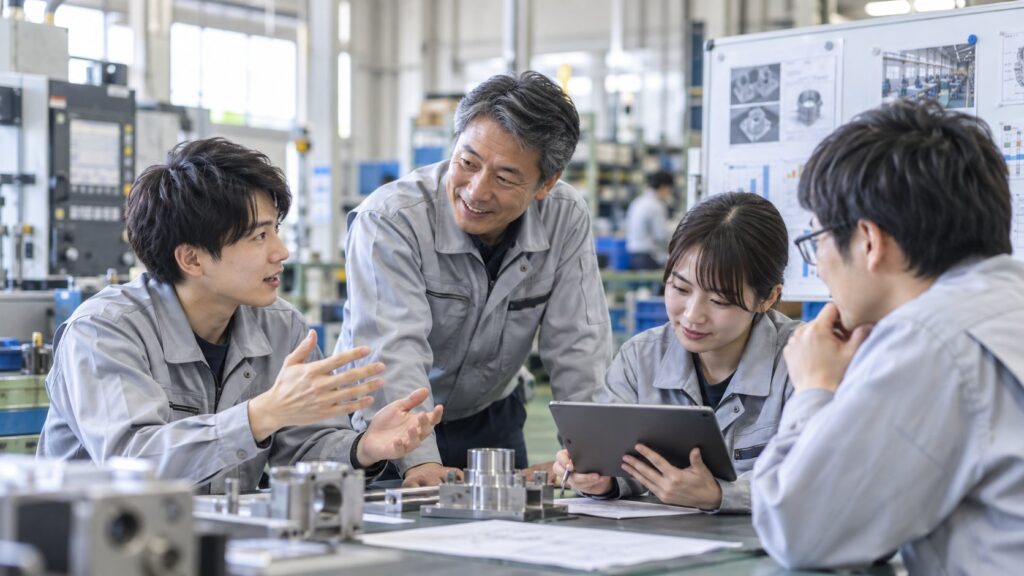 世代を超えて改善案を話し合う工場の作業者たち