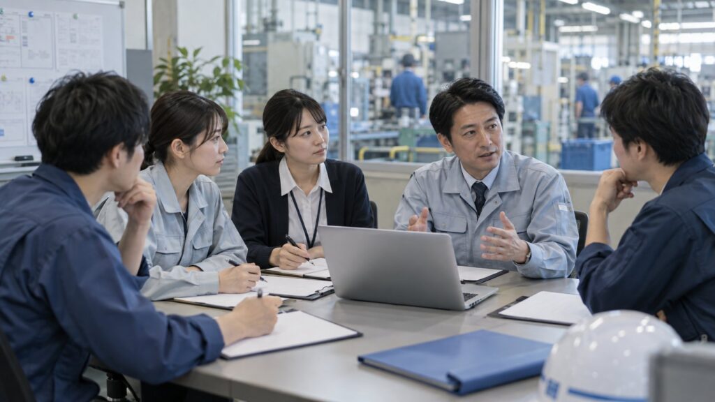 工場隣接オフィスで働き方改革を検討する社員