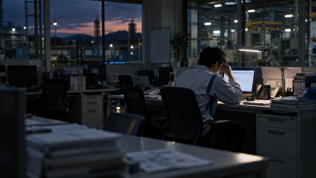 夜の工場オフィスで残業する技術者