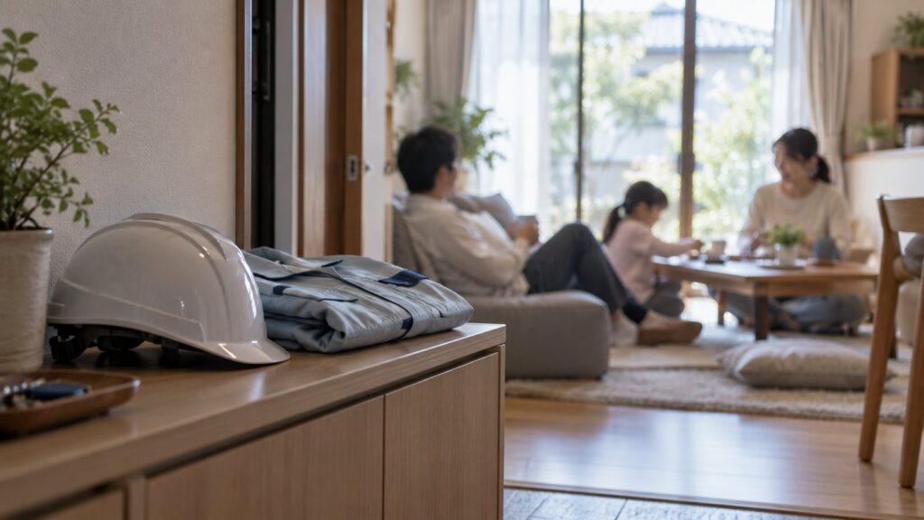 休日に家族と過ごす工場勤務者と作業着