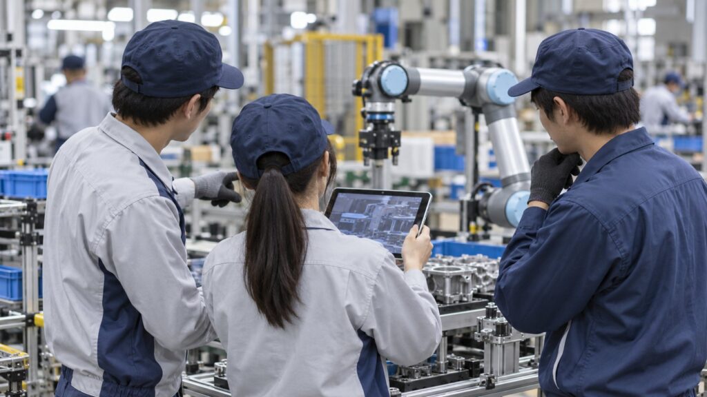 協働ロボットを囲み業務改善を進める作業員