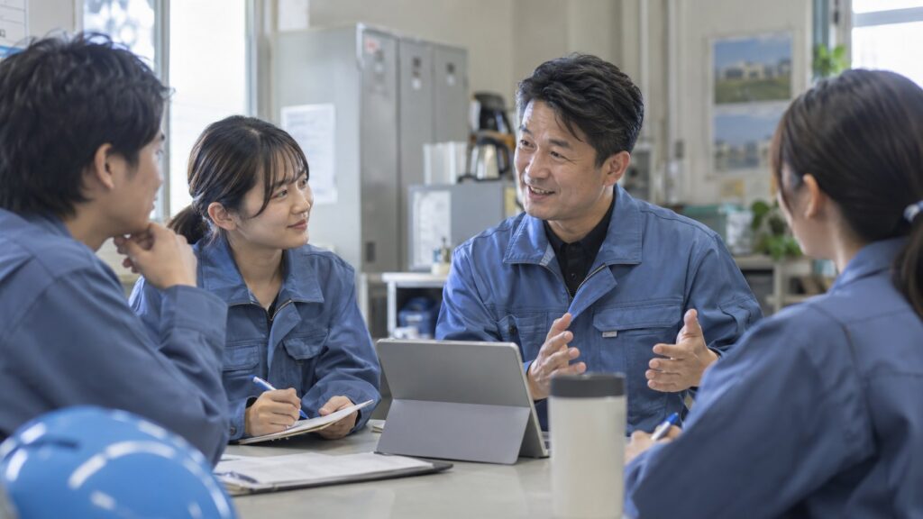 休憩室で働き方改善を話し合う工場スタッフ