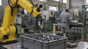 カメラ付きロボットアームが箱から金属部品を取り出す工場