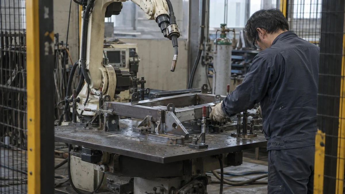 溶接ロボットのセルでワークを固定する作業者