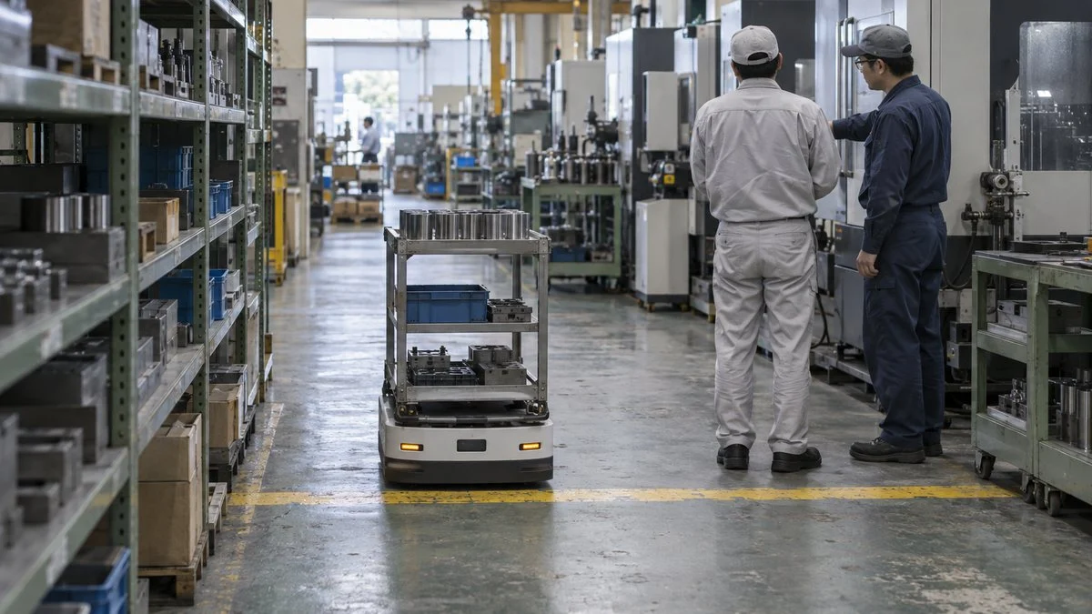 工場の通路で停止する自律搬送ロボットと話し合う作業者