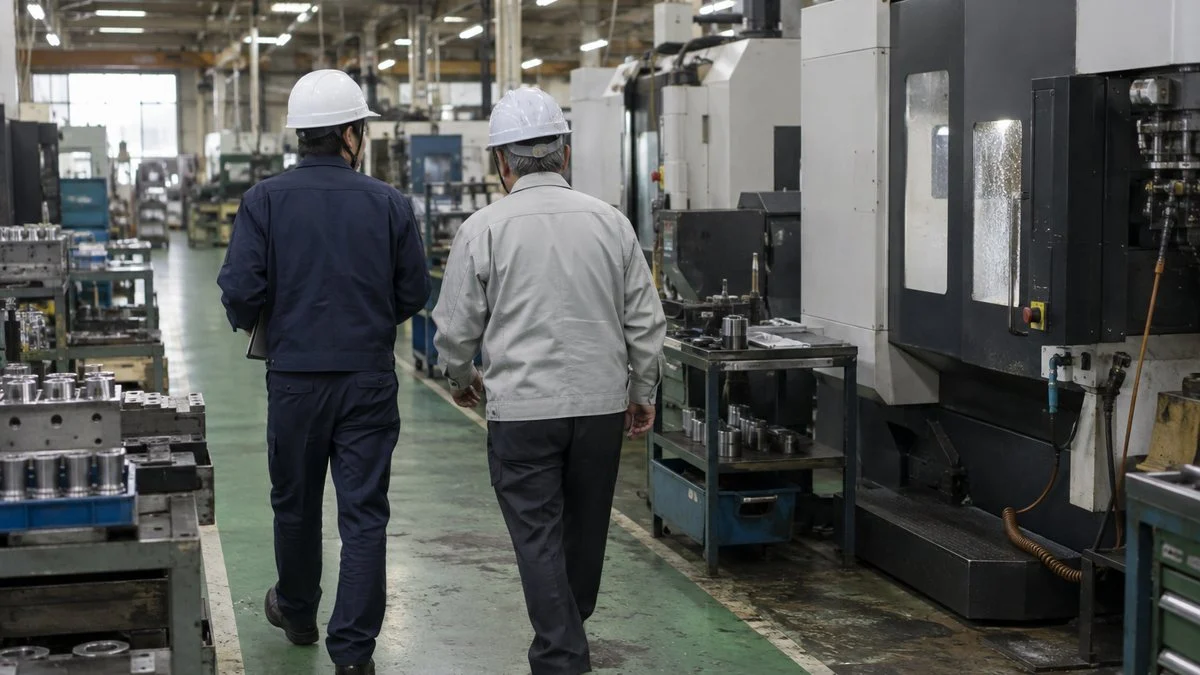 Two managers in hard hats walking through a machining shop