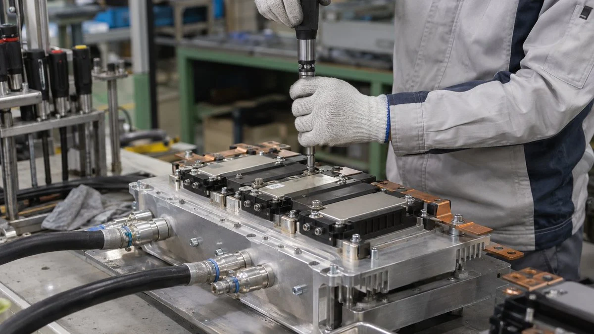 EV用インバーターの冷却板にパワーモジュールを取り付ける手元