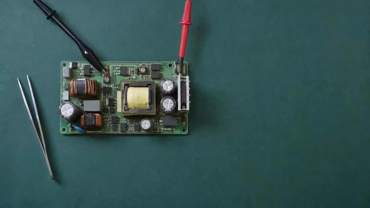 オシロスコープのプローブを当てた試作電源基板の俯瞰