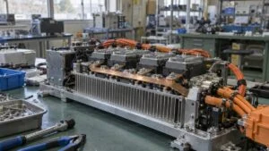 試作インバーターのパワーモジュールとヒートシンクが並ぶ評価台