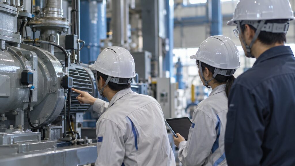 センサー付き設備を確認する保全担当者