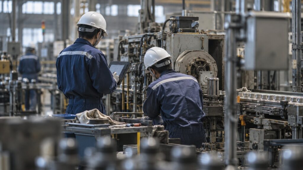 老朽設備を点検する作業員と生産ライン