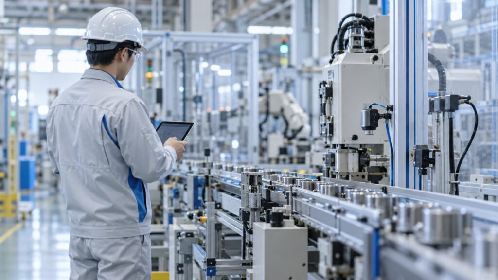 自動化ラインをタブレットで監視する工場技術者