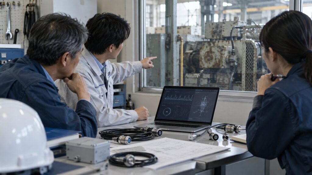 既設設備へのセンサー導入を検討する技術者